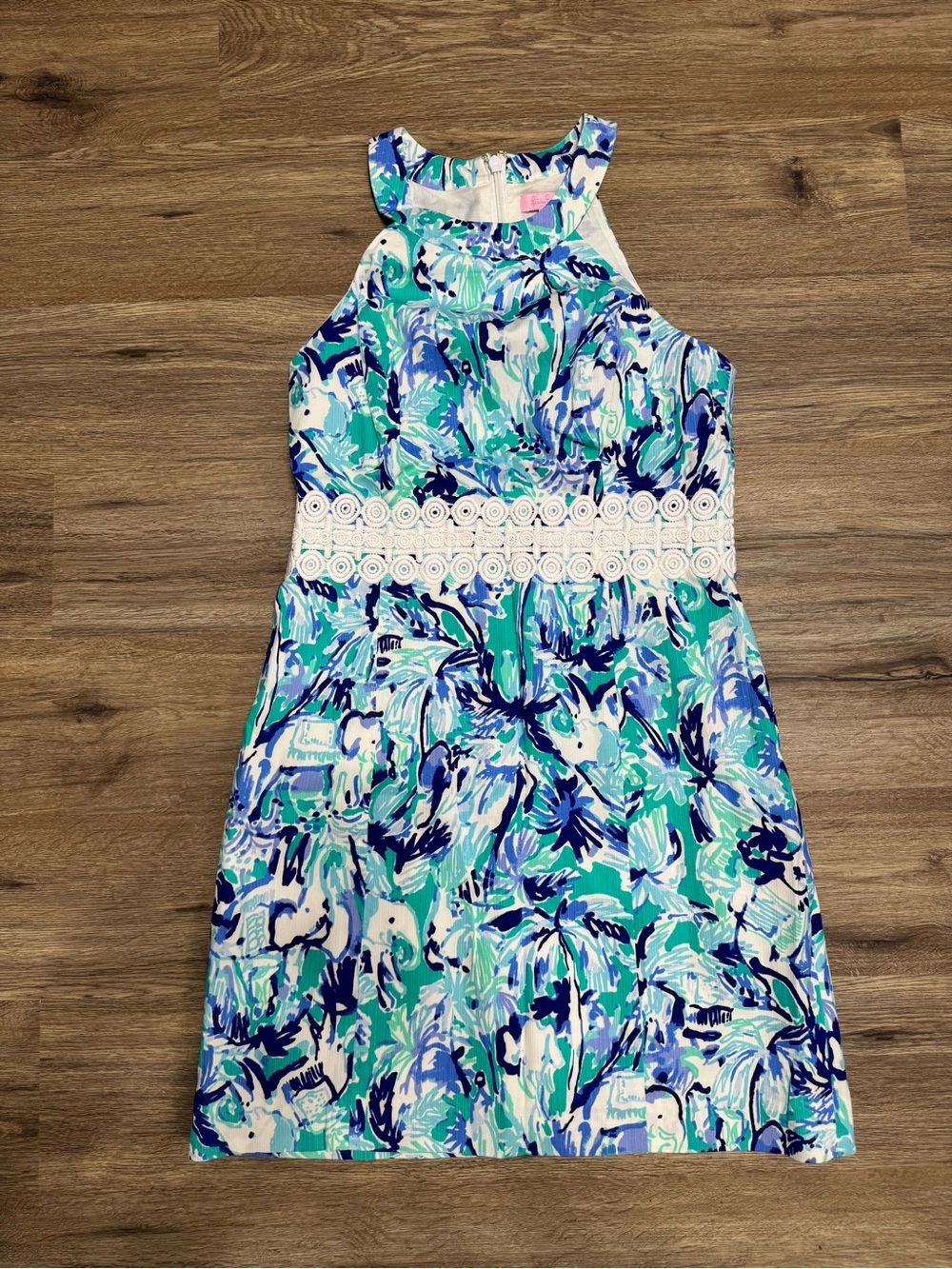 Lilly Pulitzer Aqua, Blue & White Floral Halter Dress with Lace Waist